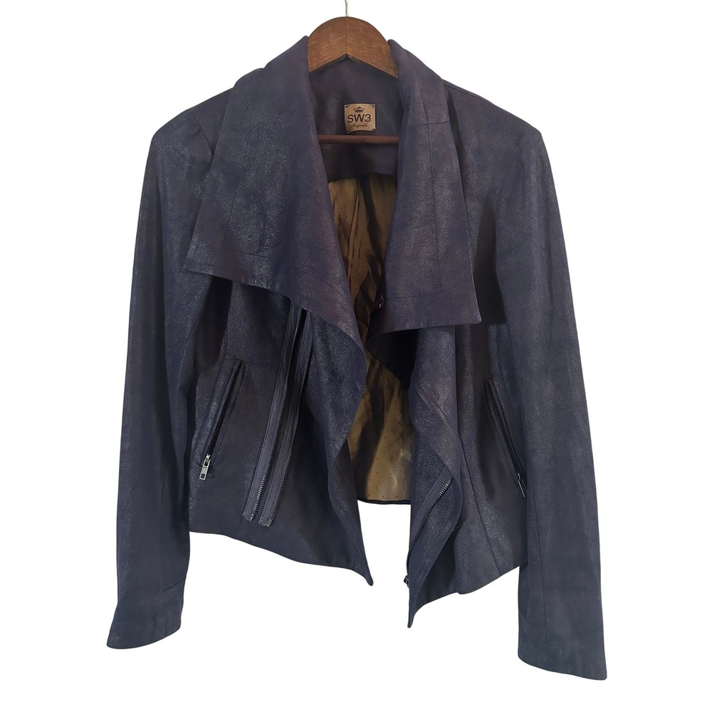 SW3 Bespoke Navy Blue Shimmer‎ Moto Jacket Size Small
